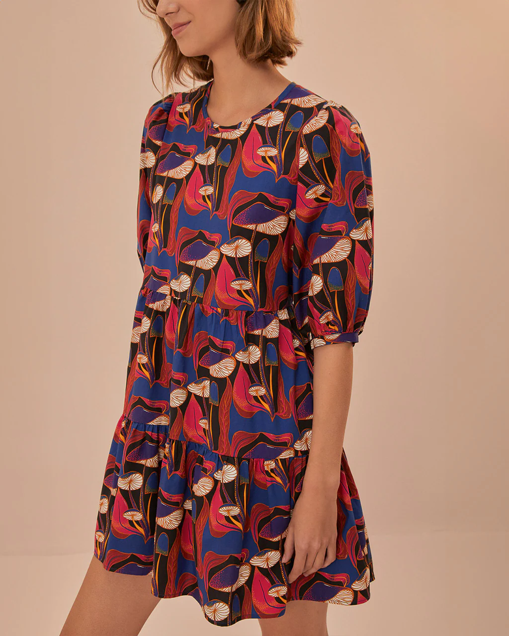 Black Wild Mushrooms Puff Sleeve Mini Dress - Image 3