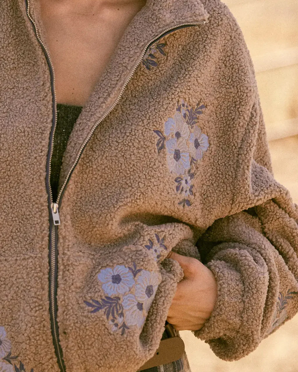 Floral-Embroidered Sherpa Fleece Zip-Up Jacket - Image 3