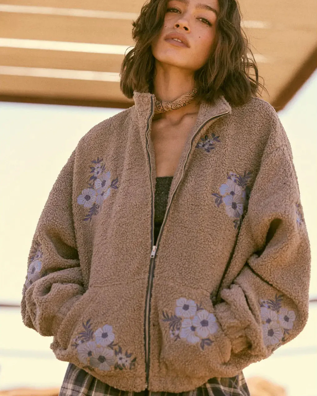 Floral-Embroidered Sherpa Fleece Zip-Up Jacket - Image 4