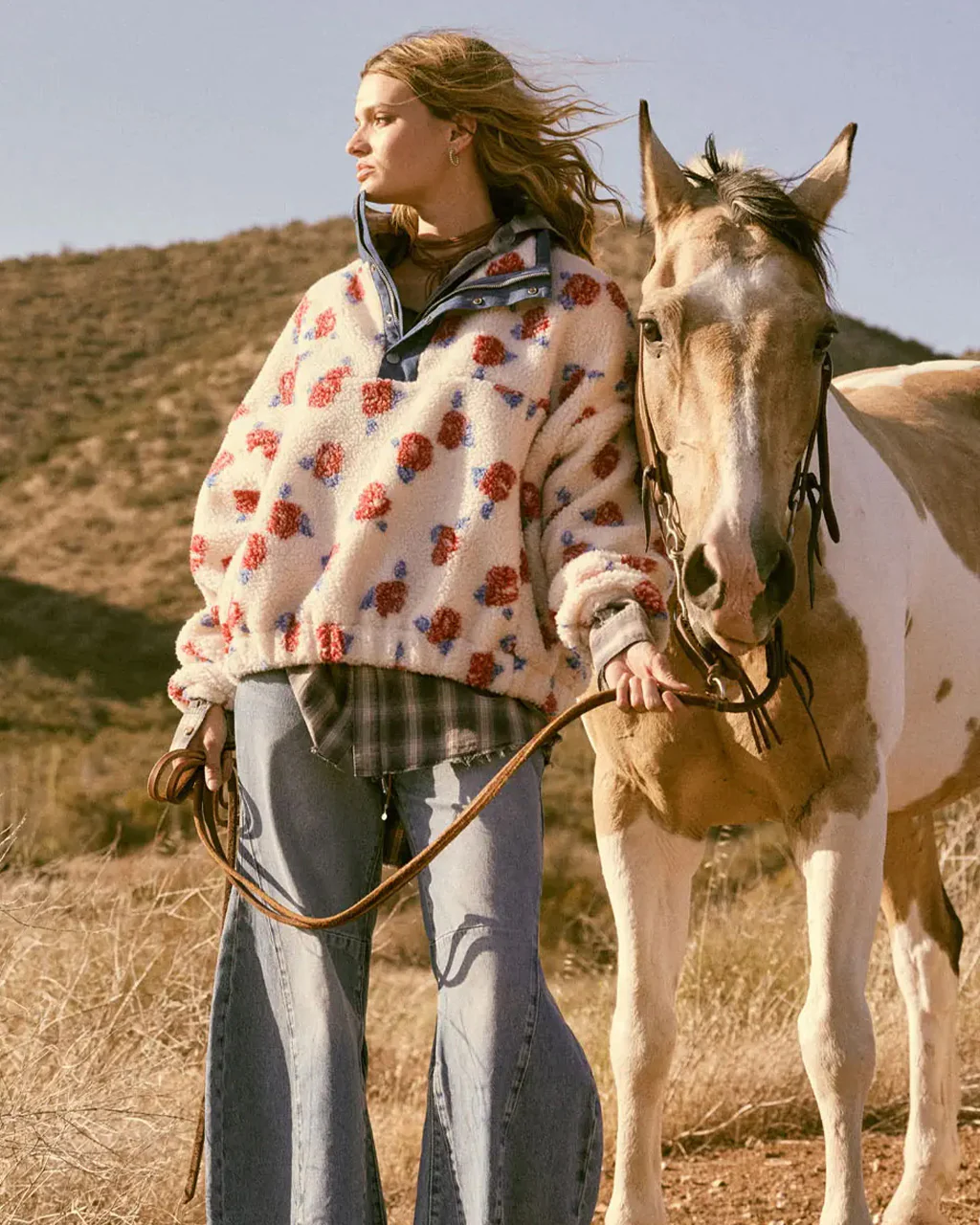 Floral Fleece And Denim Half-Snap Pullover