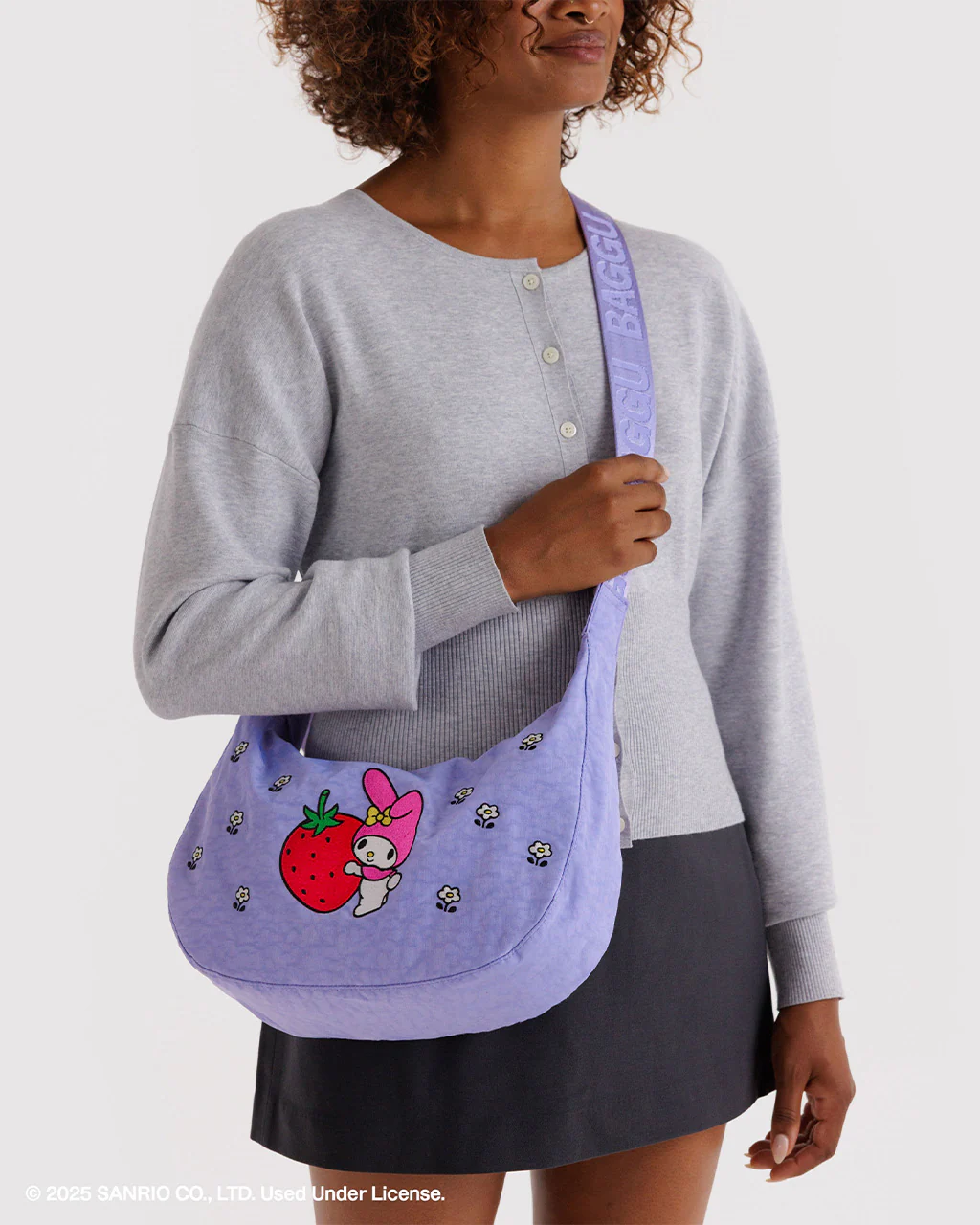 Medium Nylon Crescent Bag w/ Key Leash - Embroidered My Melody Strawberry - Image 2