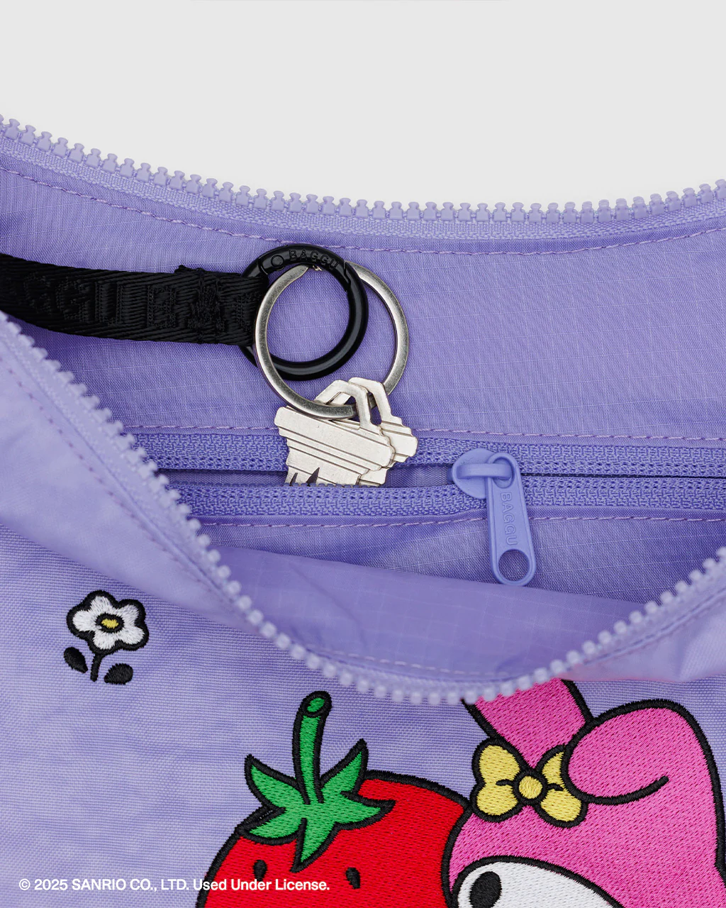 Medium Nylon Crescent Bag w/ Key Leash - Embroidered My Melody Strawberry - Image 3