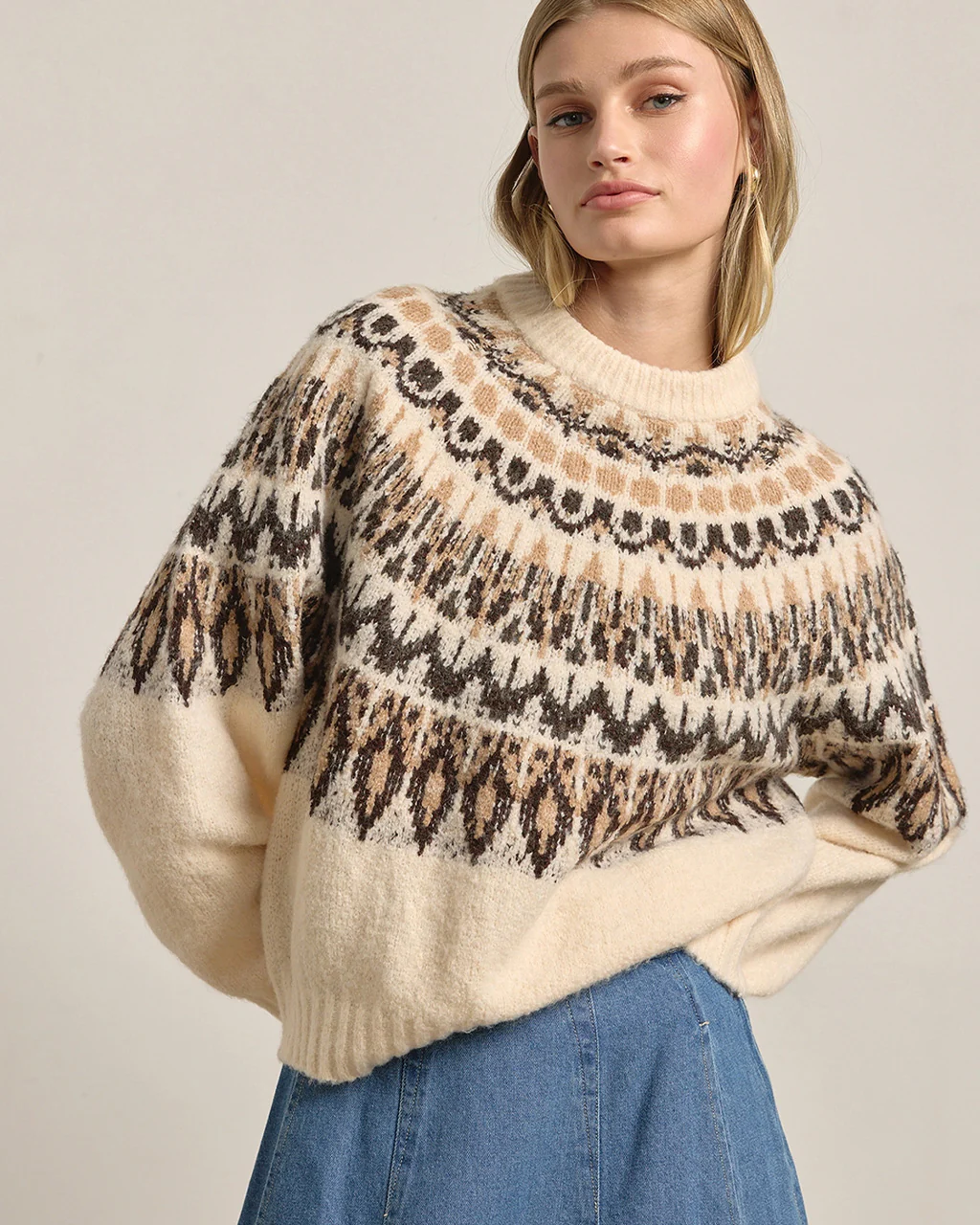 Nordic Pattern Knit Sweater - Ivory Mix - Image 3
