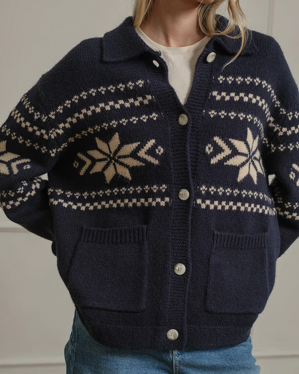 Nordic Snowflake Knit Cardigan - Navy - Image 3