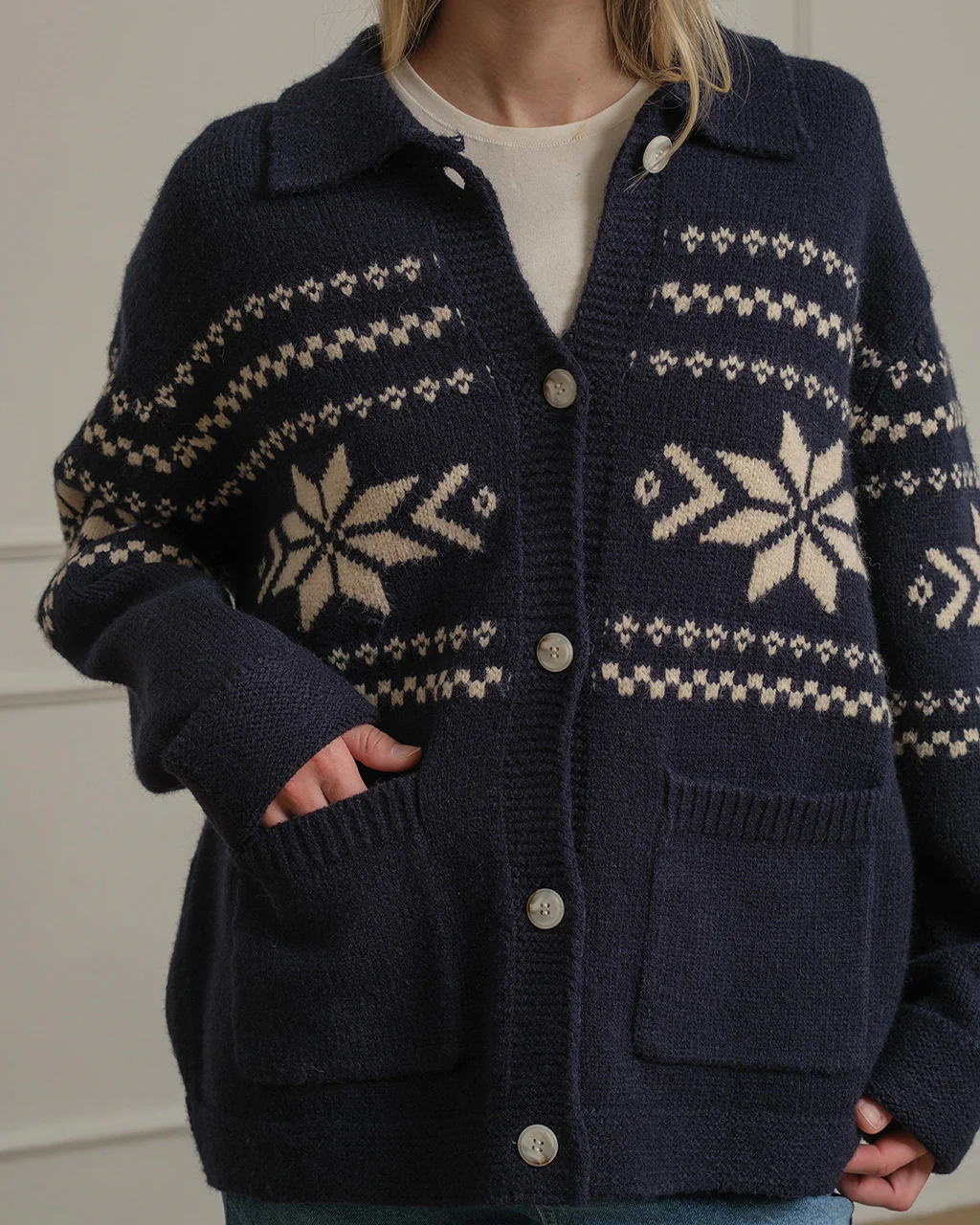 Nordic Snowflake Knit Cardigan - Navy - Image 4