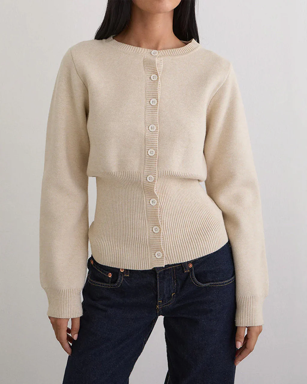 Subra Long Sleeve Ribbed Hem Cardigan - Ivory - Image 3