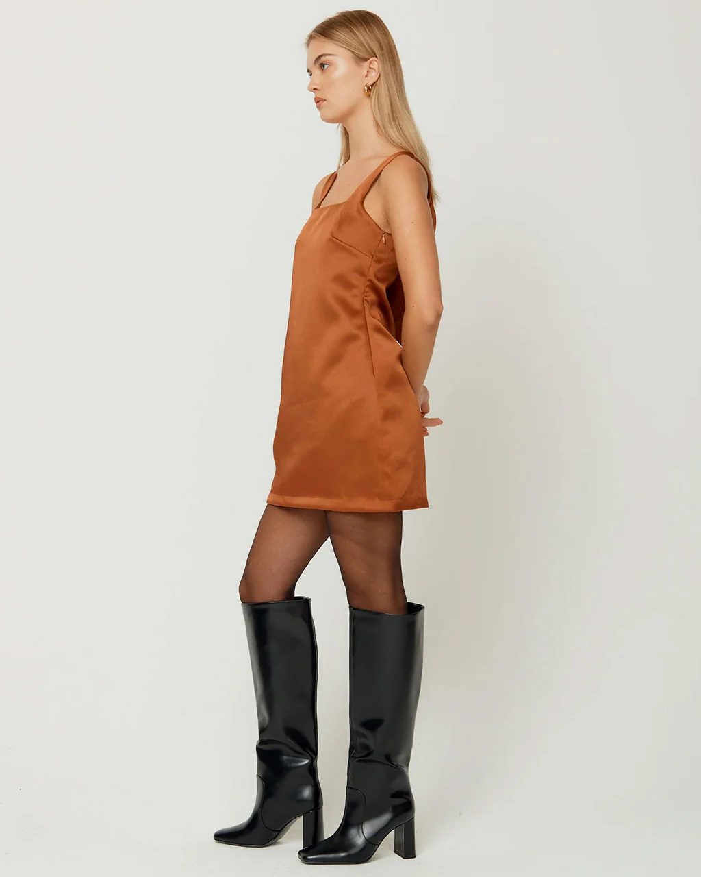 The Mini Satin Shift Dress - Chocolate - Image 4